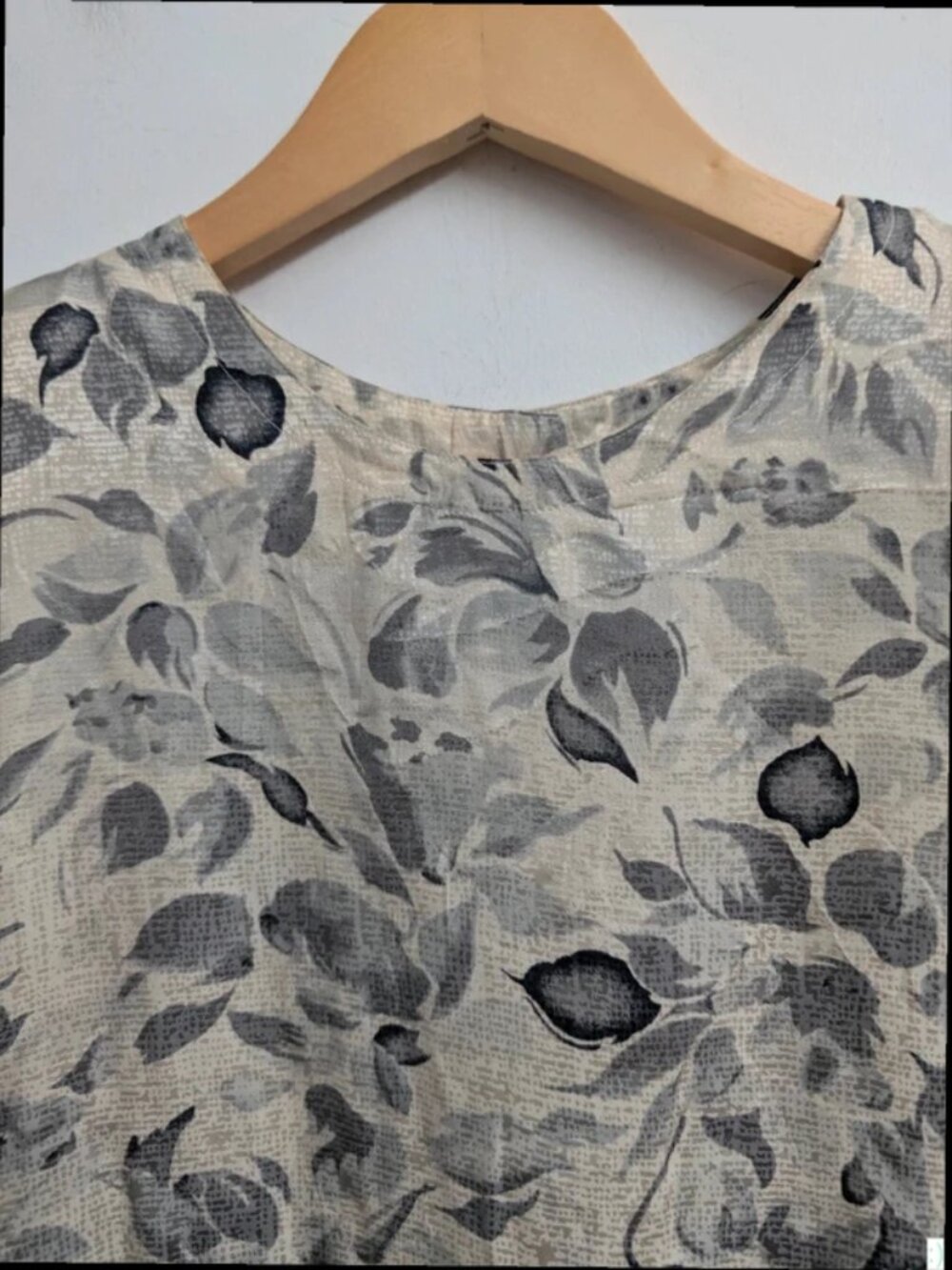 Vintage 90s Grey Floral silk Blouse Monochrome Botanical Print Minimal Cottageco